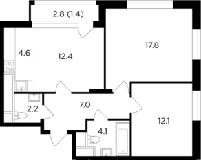 ЖК «Филатов луг», планировка 3-комнатной квартиры, 61.61 м²