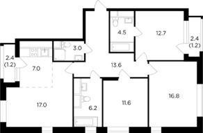 ЖК «Филатов луг», планировка 4-комнатной квартиры, 94.62 м²