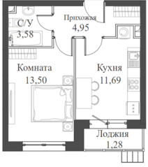 ЖК «Аквилон Митино», планировка 1-комнатной квартиры, 35.00 м²