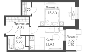 ЖК «Аквилон Митино», планировка 1-комнатной квартиры, 40.85 м²