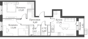 ЖК «Аквилон Митино», планировка 2-комнатной квартиры, 61.15 м²