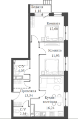 ЖК «Аквилон Митино», планировка 3-комнатной квартиры, 61.88 м²