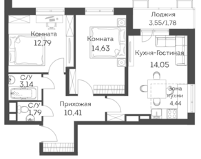ЖК «Аквилон Митино», планировка 3-комнатной квартиры, 63.03 м²