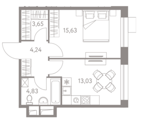 ЖК «LIFE-Варшавская», планировка 1-комнатной квартиры, 42.12 м²