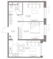 ЖК «LIFE-Варшавская», планировка 2-комнатной квартиры, 62.30 м²
