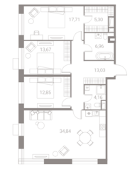 ЖК «LIFE-Варшавская», планировка 3-комнатной квартиры, 108.52 м²