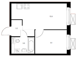 ЖК «Зеленый парк», планировка 1-комнатной квартиры, 31.80 м²