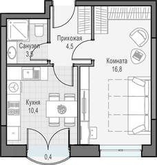 ЖК «Достижение», планировка 1-комнатной квартиры, 35.80 м²