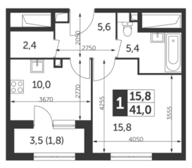 ЖК «Режиссер», планировка 1-комнатной квартиры, 41.00 м²