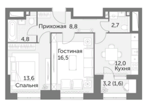 ЖК «Режиссер», планировка 2-комнатной квартиры, 60.00 м²