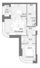 ЖК «Режиссер», планировка 2-комнатной квартиры, 65.60 м²