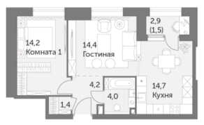 ЖК «Режиссер», планировка 2-комнатной квартиры, 54.40 м²