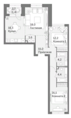 ЖК «Режиссер», планировка 3-комнатной квартиры, 83.20 м²