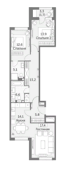 ЖК «Режиссер», планировка 3-комнатной квартиры, 90.40 м²