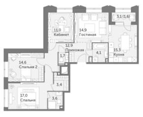 ЖК «Режиссер», планировка 4-комнатной квартиры, 100.10 м²